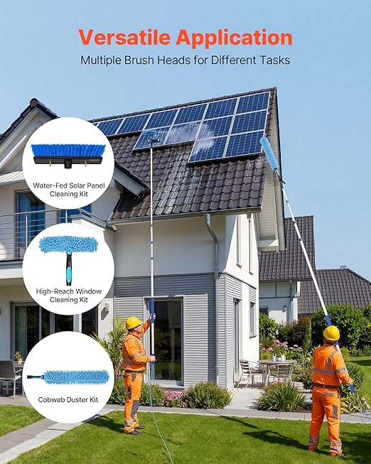 VEVOR Solar Panel Cleaning Kit, 20 ft, Water Fed Pole Kit with Cleaning Brush, Soap Dispenser, Extendable Aluminum Telescopic Pole, 180° Rotatable Brush Head, for Roof Mounted Solar Panels, Windows