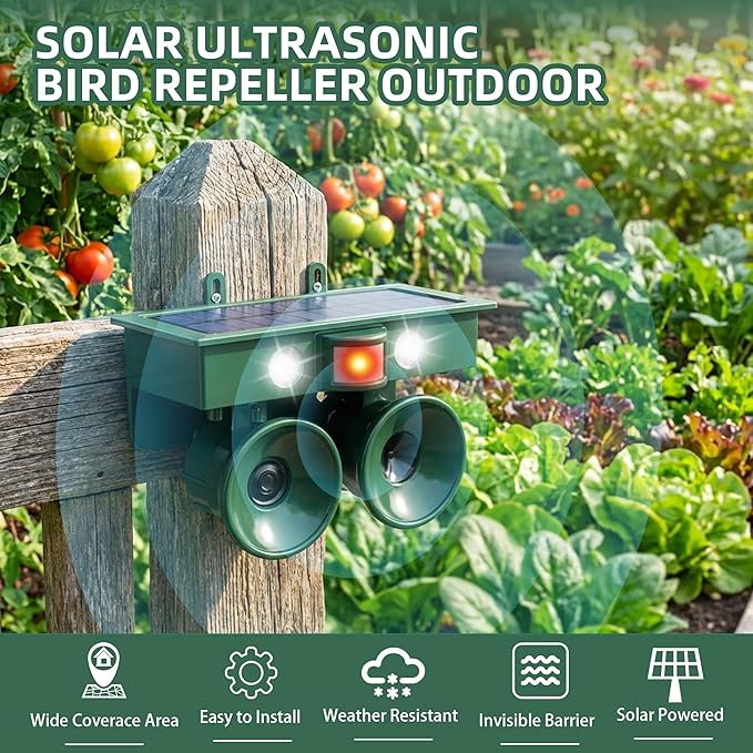 Ultrasonic Bird Repeller Solar Powered Bird Deterrents Bird Repellent Devices Outdoor with IP65 Waterproof Pigeon Woodpecker Goose Deterrent for House Pigeon Repellent for Balconies Patio Garden Farm