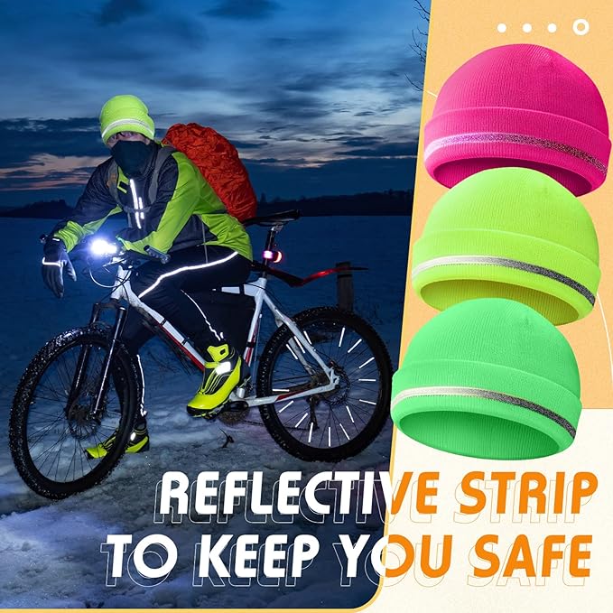 Reflective Knit Hat Safety Beanies Adult High Visibility Beanie Neon Winter Knit Caps with Reflective Stripe
