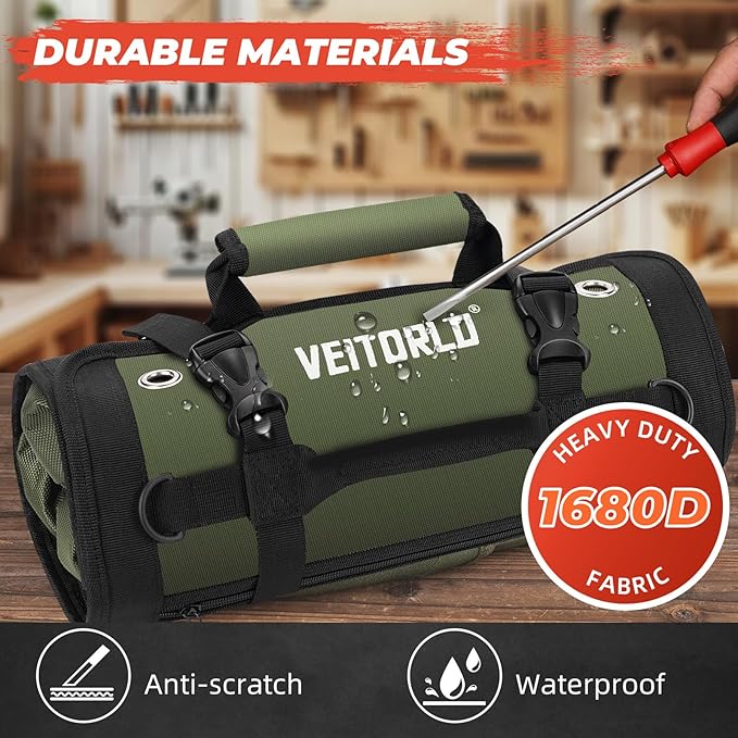 Tool Roll Up Bag, Gifts for Him Men Dad Husband Boyfriend Fathers Day, 1680D Portable Tool Storage for Men, Heavy Duty Tool Organizer with Detachable Pouches&Wrench Roll for Mechanic