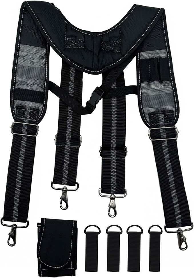 Tool Belt Suspender for Men 4 Point Padded with Attachment Loops, WristBand Pouch Pocket for Construction Worker