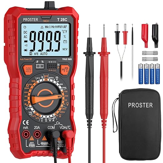 Proster Digital Multimeter 6000 Count - TRMS Ohm Meter Multimeter, Voltimetro Digital, NCV DC AC Voltage Current Temperature Capacitance Resistance Diode Continuity HFE Tester