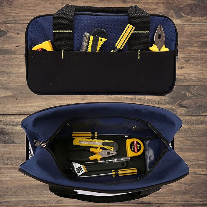 FASTECH 14 Inch Small Tool Tote Bag, Wide Mouth Tool Tote Bag, Waterproof Tool Organizer Bag, Multi-Pockets Wide Mouth Tool Tote For Man/Woman (Blue)