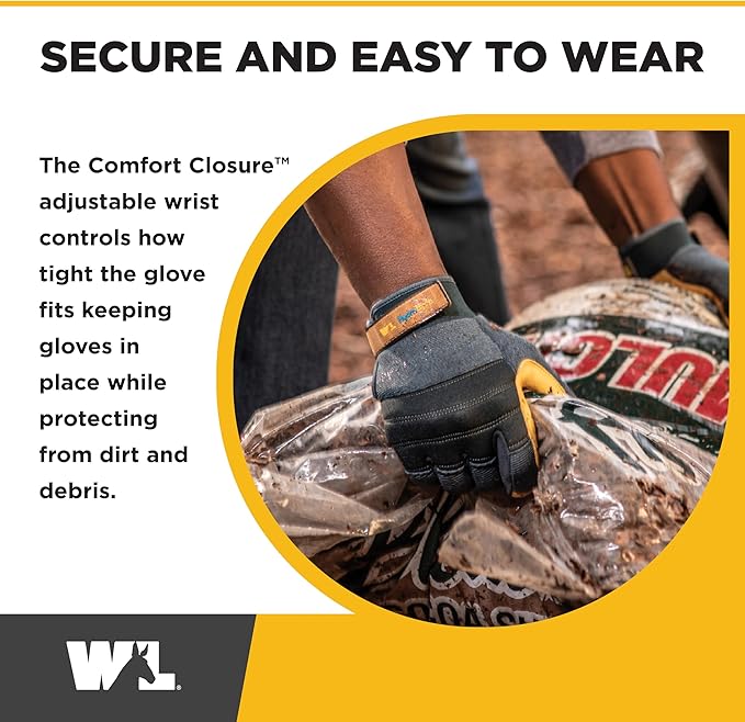 Wells Lamont Men's HydraHyde Work Gloves – Cowhide Leather, Reinforced Fingertips for Durability – Adjustable Velcro Wrist – Ideal for Gardening, Landscaping, Lawn Care – Navy - M