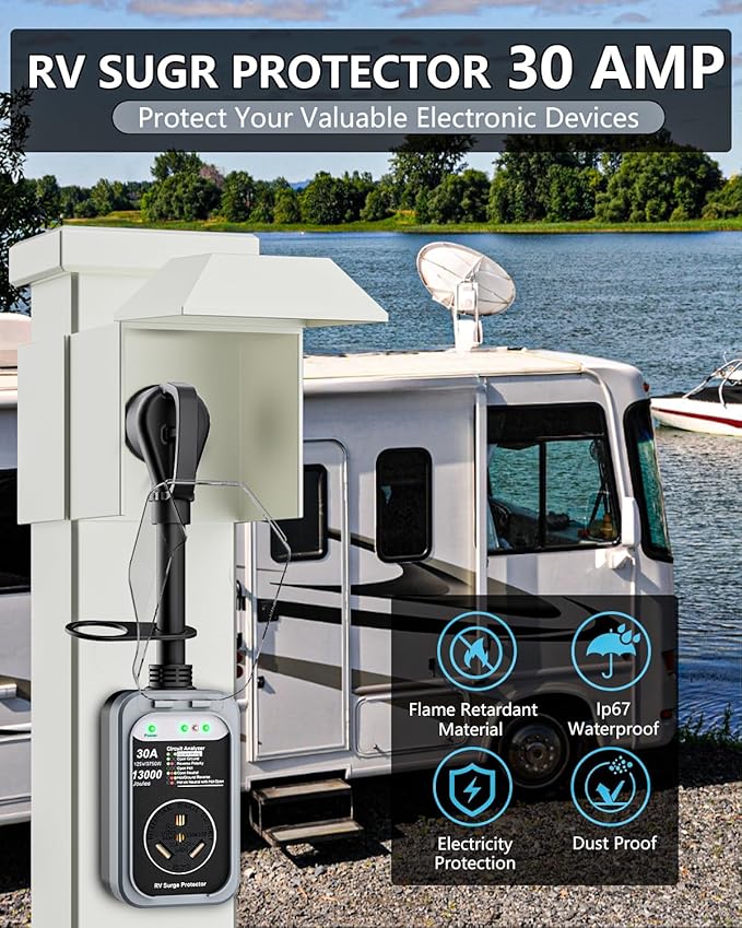 RV Surge Protector 30 Amp, 13000 Joules RV Circuit Analyzer with Waterproof Cover,RV Adapter Plug for Camper Travel Trailers (30AMP-Grey)