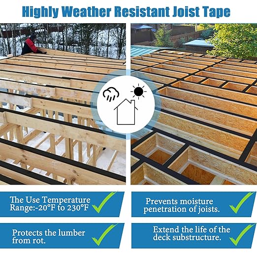 Joist Tape for Decking 2''×50',10 Pack Weather-Resistant Deck Joist Tape,Waterproof Seal Antiseptic Butyl Joists Tape,Self-Adhesive Flashing Joists Tape for Wood Decks Beams Roof