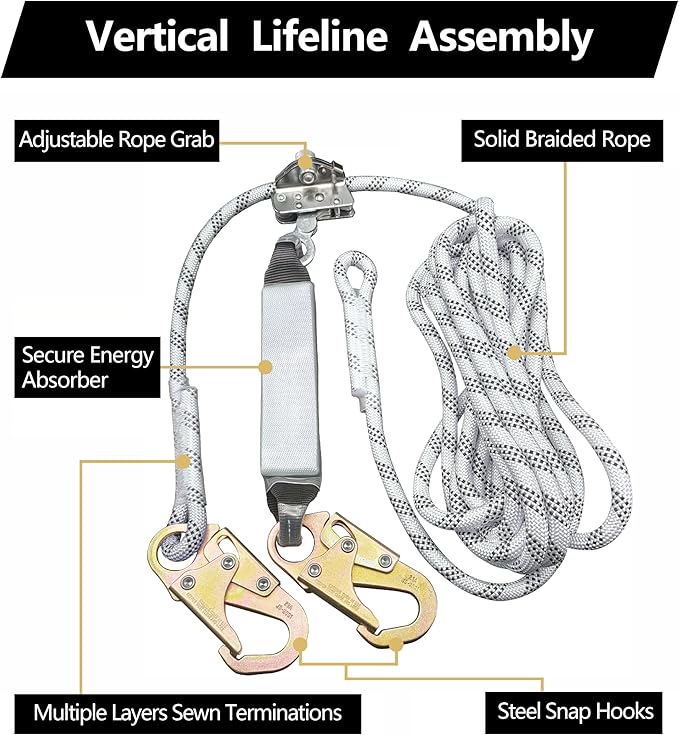 Rope Harness Safety Lanyard, 50ft Vertical Roofing Rope with Grab, Fall Protection Lanyard Tree Climbing Line Kit