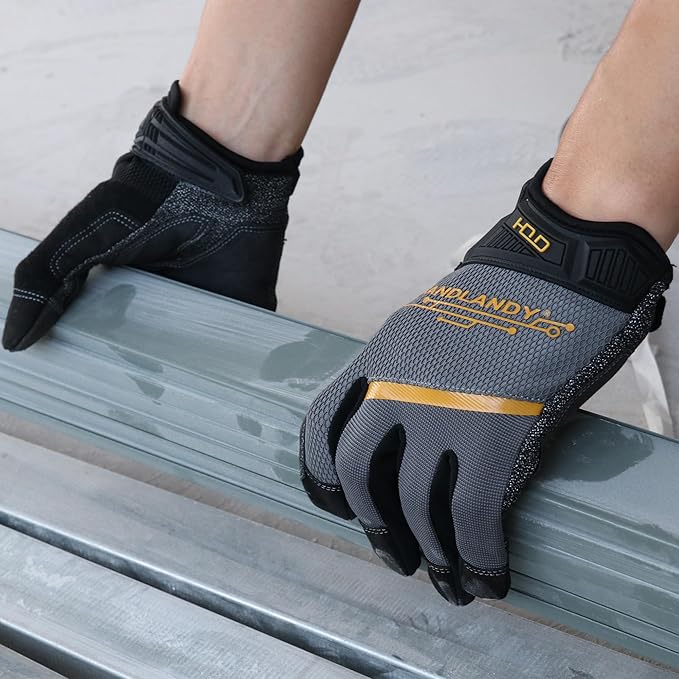 HANDLANDY Mens Work Gloves Touch screen, Utility Mechanic Gloves, Flexible Breathable Fit- Padded Knuckles & Palm