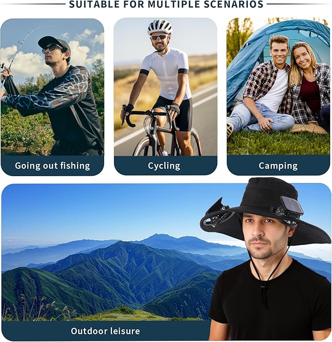 Hat with Fans Solar Power Cooling Hat with Fan Fishing Hat for Men Wide Brim Effective Sun Protection for Men Women Fishing Hiking Outdoors Uv Protection Breathable Black