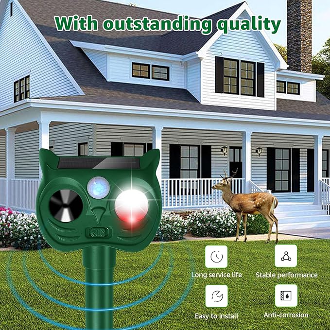 Solar Ultrasonic Animal Repellent Outdoor Motion Sensor Deer Repellent Devices Squirrel Cat Raccoon Rabbit Deterrent with Strobe Light Dual Mode, Keep Skunk Away Protection for Yard Garden Lawn 1PC