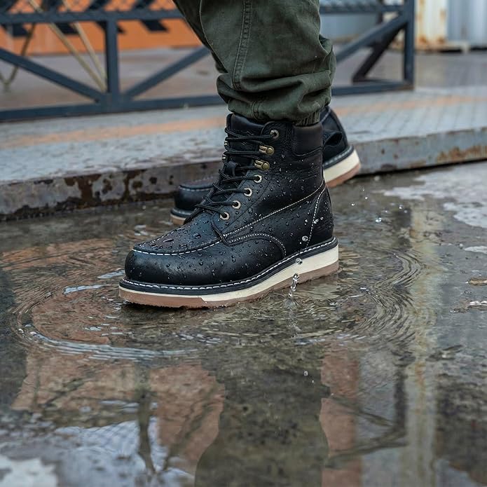 Moc Toe Work Boots for Men Waterproof Soft/Steel Toe Comfortable Full Grain Leather Non Slip Wedge Outsole Construction 6" Workboots