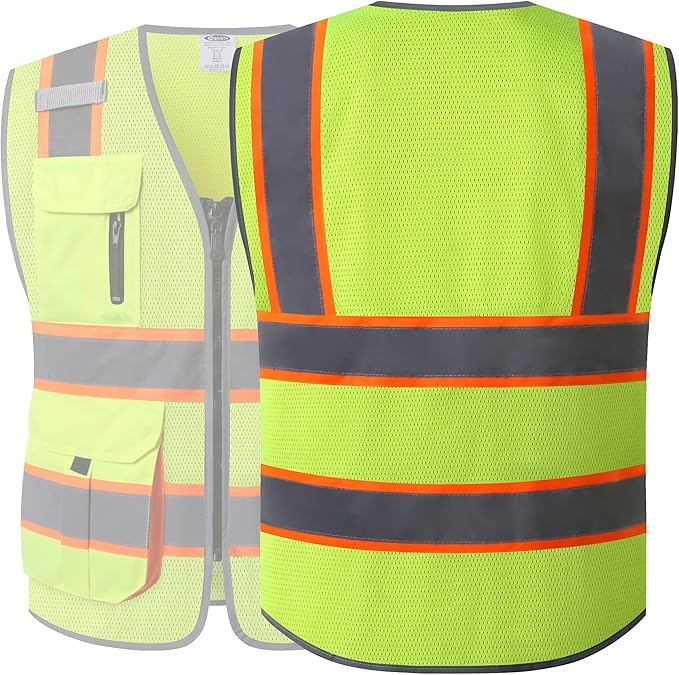JKSafety 9 Pockets Hi-Vis Mesh Safety Vest for men and women | Chaleco reflectante de seguridad | Zipper Front | Multiple Pockets | Class 2 (140-Yellow 3XL)