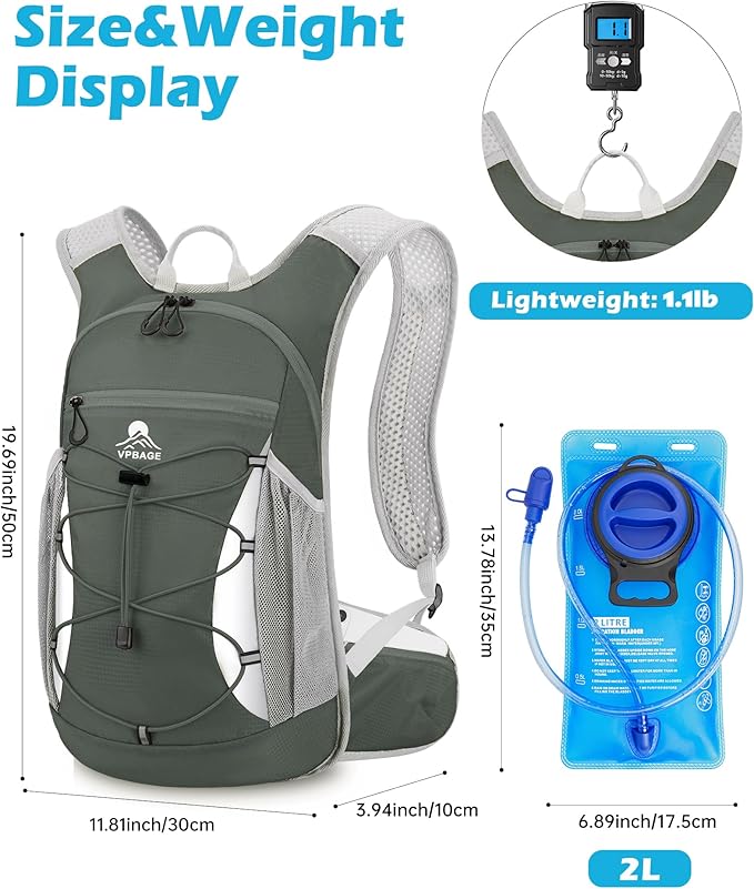 Hydration Backpack with 2L Water Bladder - Lightweight 15L Daypack with Phone-Sized Hip Belt Pockets, Anti-Chafe Cotton Edging & No-Bounce Straps - Small Water Backpack for Hiking, Running, Skiing