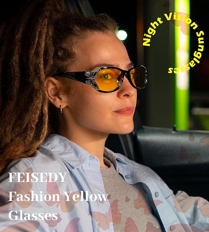 FEISEDY Classic Womens Night Glasses Driving Anti Glare Wrap Around Yellow Sunglasses B2548