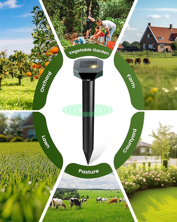 Snake & Mole & Rabbit & Skunk Repellent Solar Powered, Upgraded Ultrasonic Deterrent, IP65 Waterproof, Gopher Groundhog Chipmunk Raccoon and Vole Repellent & Deterrent for Lawn & Garden, 10 Pack