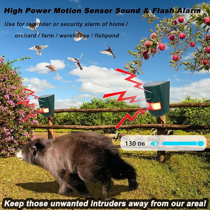 Solar Outdoor Motion Sensor Alarm, 130 dB Siren Sound Alert & 6 LEDs Flash Warning Strobe Motion Activated Alarm for Farm Yard, 4 Pack