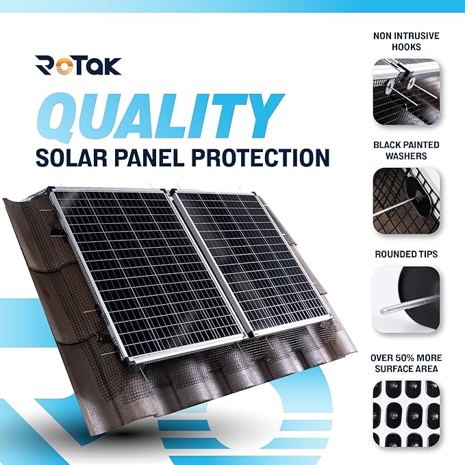 ROTAK Critter Guard - 8in x 100ft Solar Panel Bird Guard with Fastener Clips - Galvanized Black PVC Coated ½ inch Wire Roll Mesh (8" x 100' with 100 Fastener Clips)