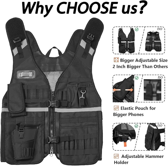 Electrician Tool Vest for Men, Reflective Safety Work Vest with Adjustable Thick Straps, Removable Phone Holder for Electrical, Carpenters, Construction, 22 Pockets