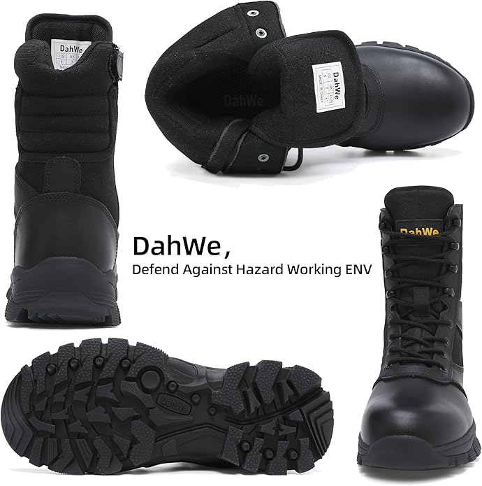 DahWe Men's Steel Toe Work Boots with Side Zipper 8 inch Lightweight Comfortable Indestructible Puncture Proof for Industrial Construction Warehouse Roofing Logger Riding Safety