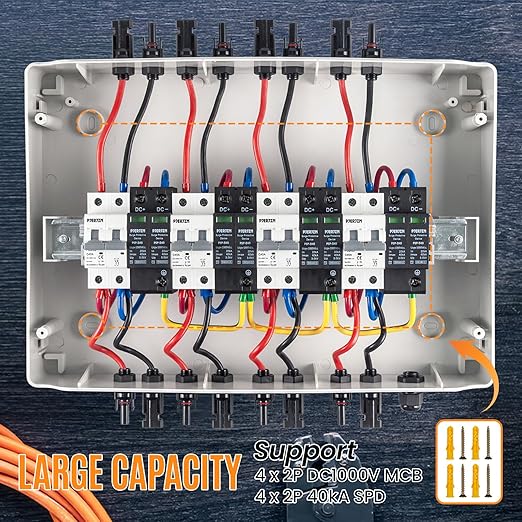 Solar Combiner Box (1 in 1 Out/2 in 2 Out/3 in 3 Out/4 in 4 Out) PV Combiner Box with 1000V DC 40A MCB & 20-40KA SPD Power Distribution Box (4String 4in4out)