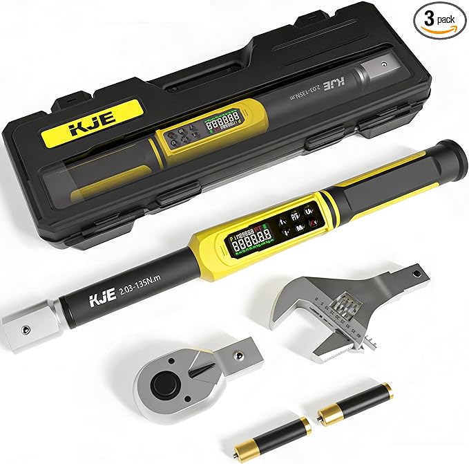 KJE 1/2" Adjustable Digital Torque Wrench, ±1% Accuracy, 1.5-99.6 Ft.lb/2-135 Nm, Replaceable head HVAC Torque Wrench set with 45mm Jaw, Vibration, Buzzer, and LED Indicator for Split AC, Moto, Car