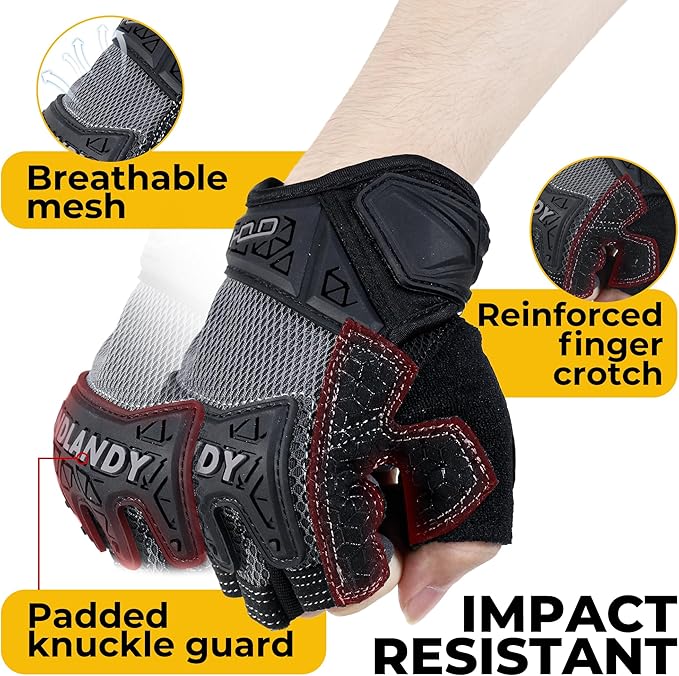 HANDLANDY Fingerless Work Gloves for Mens & Women, Uwrist Half Finger Shock-Absorbing Breathable Glove