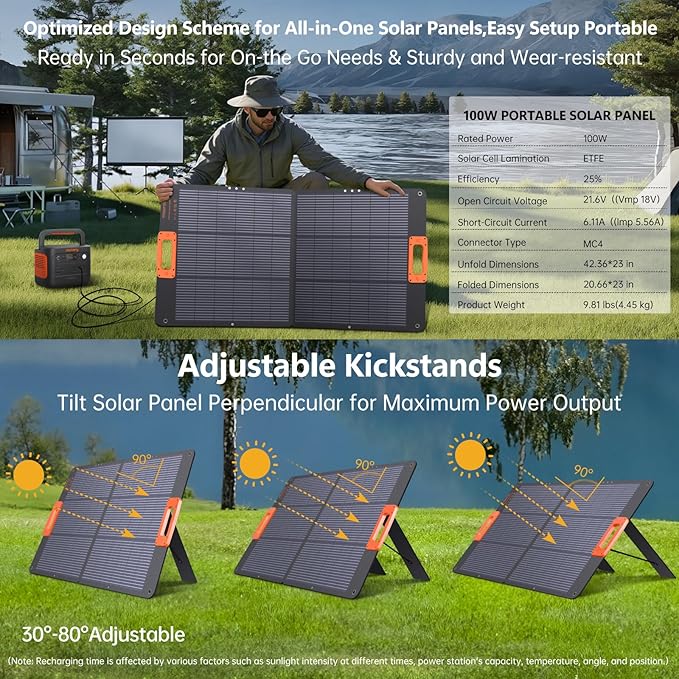 100W Solar Panel,N-Type 16BB Portable Solar Panels for Power Station,Foladable Solar Panel,QC3.0 USB-A &Type-C,25% High Efficiency,IP68,ETFE Integrated Design for Outdoor Camping,Off Grid