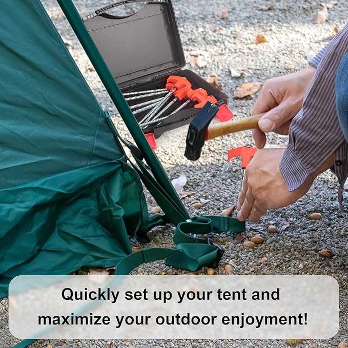 12 Pcs Tent Stakes Heavy Duty, 8 inch Ground Anchors Screw in, Screw in Tent Stakes, Camping Stakes with Storage Box, Threaded Tent Spikes with Hex Head Driver and Stake Puller, Ground Stakes