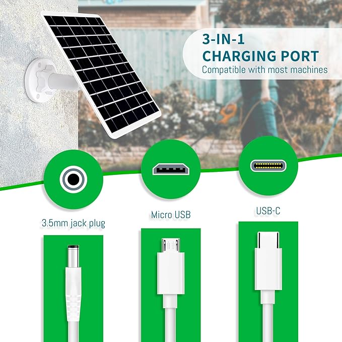 8W Solar Panel Compatible with Rechargeable Battery Powered Cam, for Security Camera Outdoor, 5V Camera Solar Charger Waterproof with Micro USB/USB-C Port/DC 3.5mm 3in1 Cable, 360° Adjustable Bracket