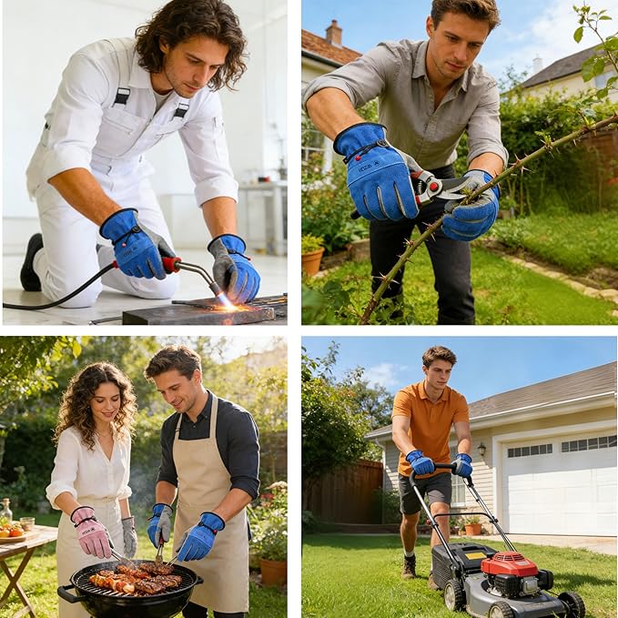 Leather Work Gloves for Men or Women. XX-Large Glove for Gardening, Tig/Mig Welding, Construction, Chainsaw, Farm, Ranch, etc. Cowhide, Cotton Lined, Utility, Firm Grip, Durable. Blue-Grey 2XL