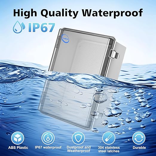 Waterproof Outdoor IP67 Junction Box (11.4"x7.5"x5.5") with Mounting Plate, Hinged Clear Cover and Wall Brackets - Weatherproof ABS Plastic Electrical Enclosure for DIY Projects(290x190x140mm)
