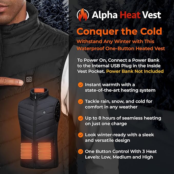 Alpha Heat Vest USB Rechargeable Heated Vest for Men and Women 8 Heating Zones Waterproof Electric Heated Jackets