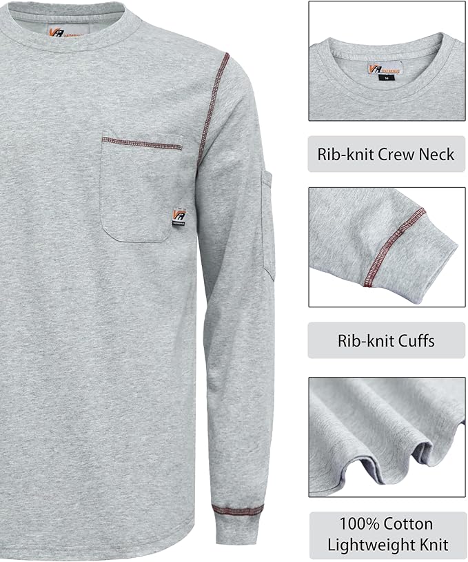 VATRENUS FR Shirts Crewneck 5.5oz Lightweight Flame Resistant 100% Cotton Men's Pre-Washed Fire Retardant Workwear