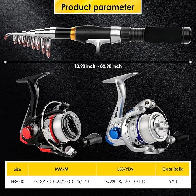 2PCS Telescopic Fishing Rod Reel Combo 6.89FT Collapsible Spinning Pole Kit Compact Fishing Lures Tackle Box Accessories Lightweight Travel Fishing Tool Set for Fishermen Gift