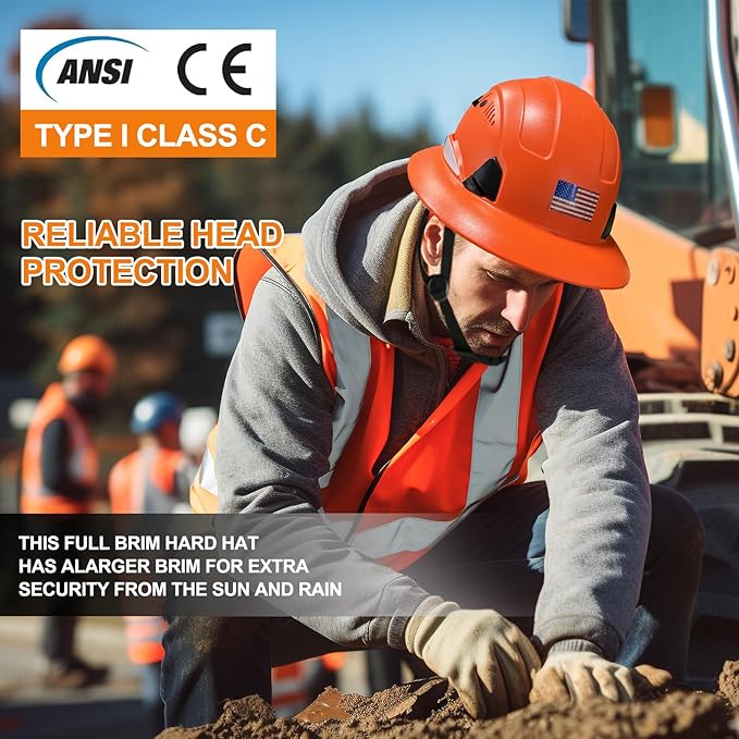 Full Brim Hard Hat ANSI Z89.1 Type 1 & OSHA Certified Safety Helmet with Glasses and Cooling Towel,with 6-Point Suspension & Adjustable Vents