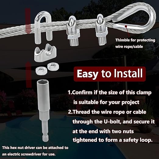 10Pcs M6 1/4 Inches Stainless Steel Wire Rope Clips Cable Clamp,5PCS Thimbles