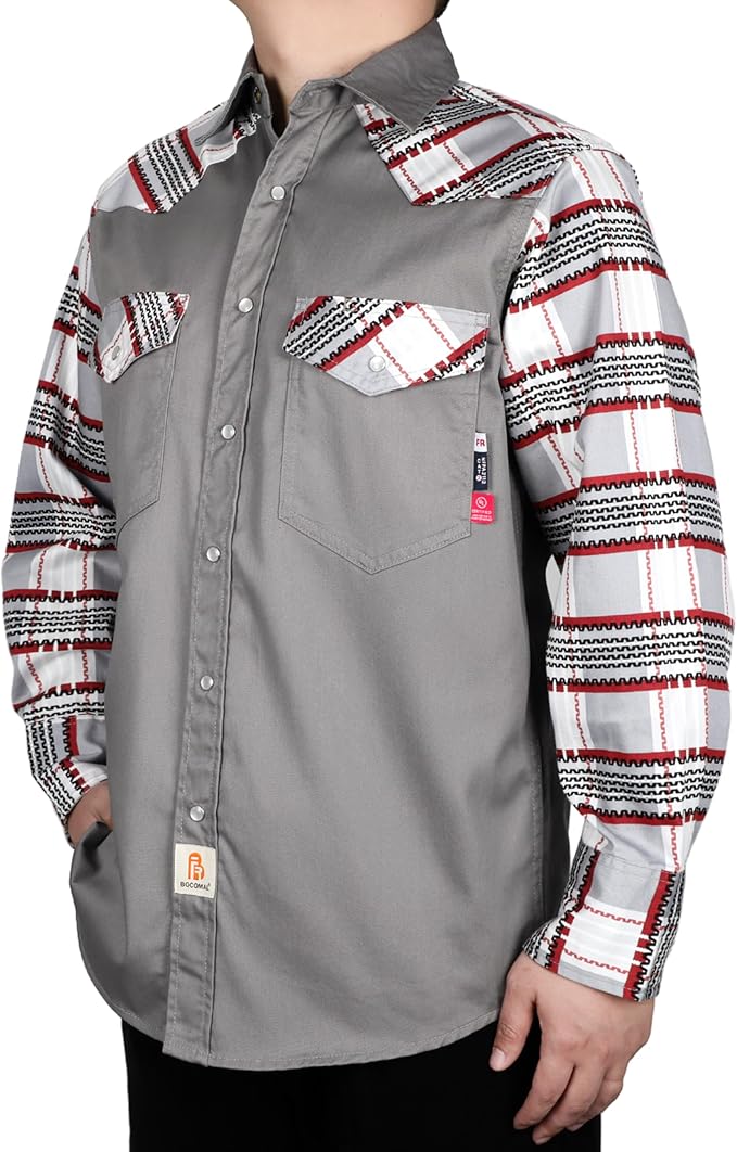BOCOMAL FR Shirts Pearl Snaps Two Tone Plaid/Solid Flame Resistant Cotton Welding Shirt NFPA 2112 CAT 2