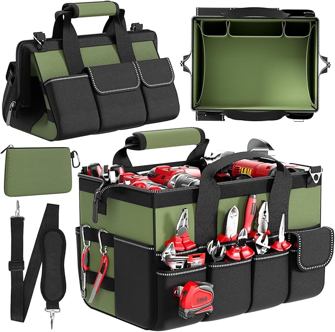 Goovilla Tool Bag 15.5 Inch with 1 Pouch | 17-Pocket Portable Tool Box Organizer Storage with Adjustable Strap, Soft Handle and Durable Zipper | Heavy Duty Tool Bags for Men, Father’s Day (Green)