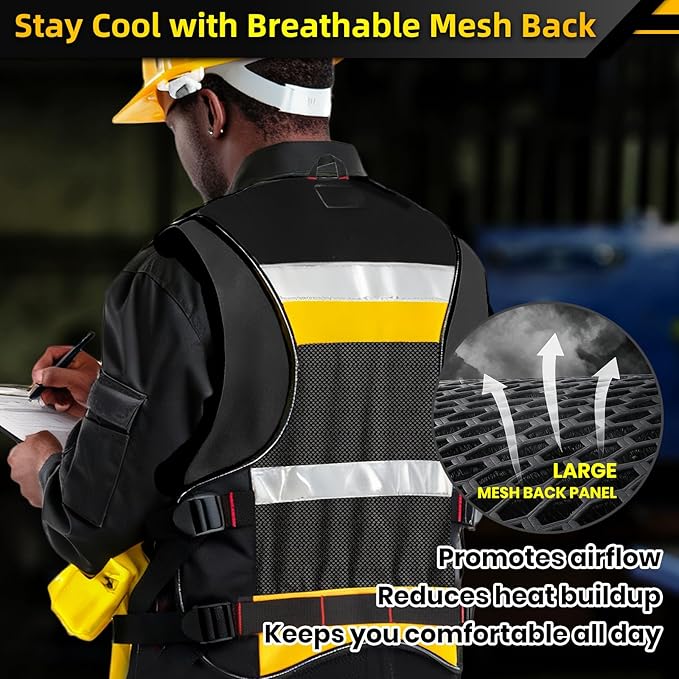 Electrician Tool Vest, Electrician Vest for Men, 21 Compartments, Reflective Workwear with Drill Holster, Adjustable Waist & Upgraded Comfortable Neck Opening