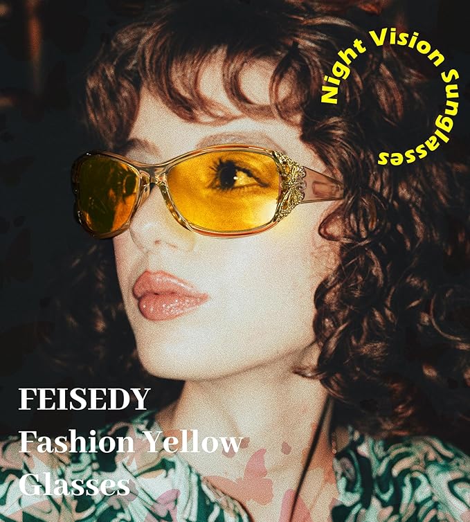 FEISEDY Classic Womens Night Glasses Driving Anti Glare Wrap Around Yellow Sunglasses B2548