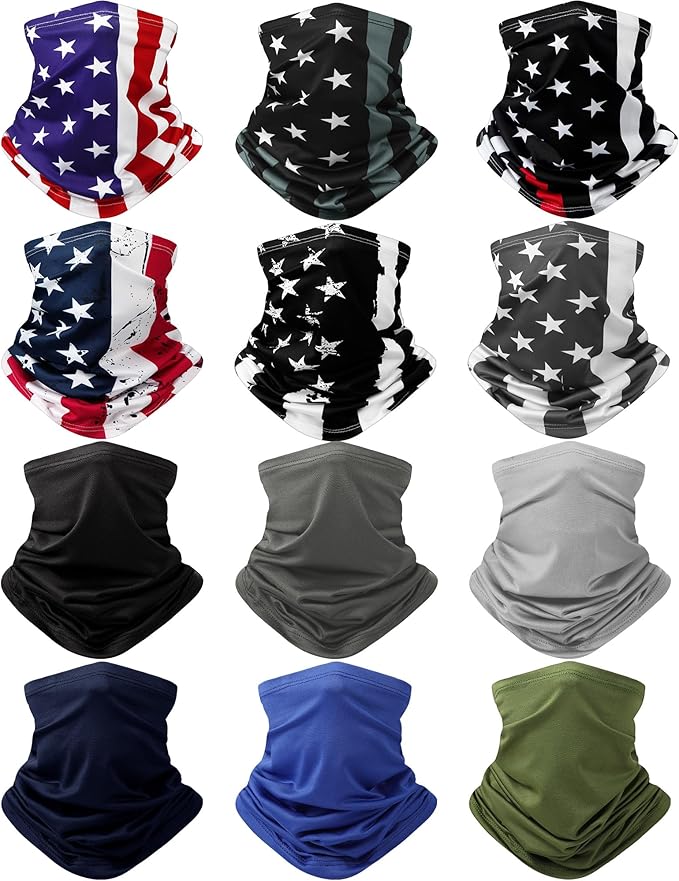 Cuffbow 12 Pack Neck Gaiters Face Mask Bandana Balaclava for Men Women Cooling Neck Gaiter Summer UV Sun Protection Scarf