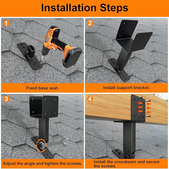 4x4 Heavy Duty Roof Riser Brackets Kit, TROPTOLKY Adjustable Angle Pergola Brackets, Black Metal Roof Riser Beam Bracket for Roof Pergola Gazebo Patio Cover (3 Pack)