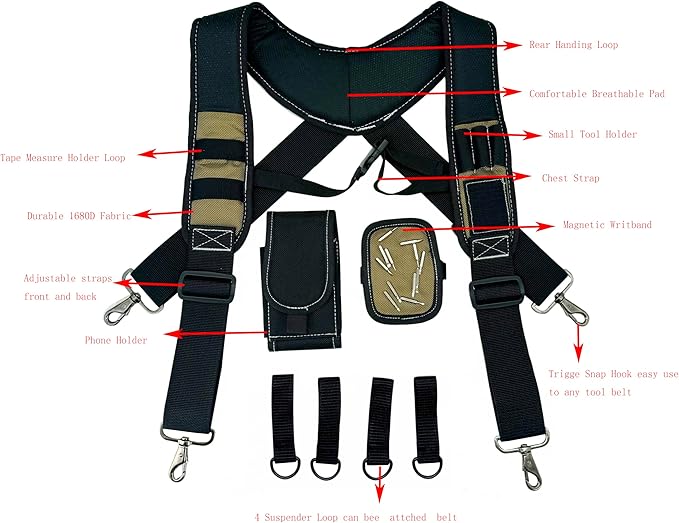 Tool Belt Suspenders for Work Belt Heavy Duty Padded with Magnetic WristBand Attachment Loops for Men (Khaki)