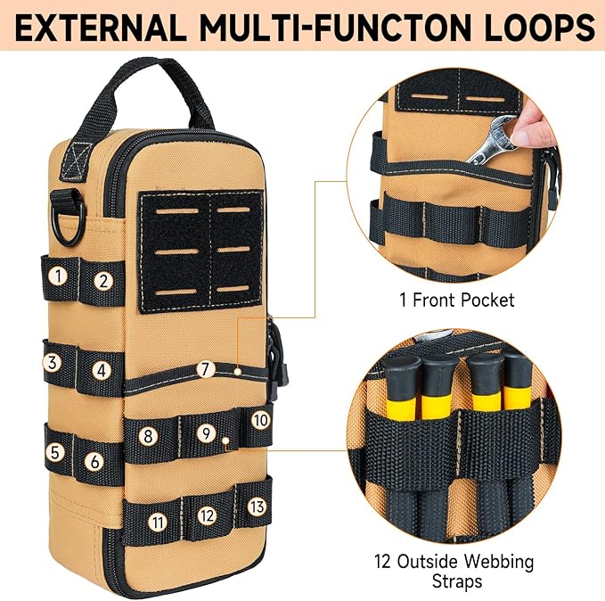 Heavy Duty Small Tool Bags for Men with Carabiner,Tactical Tool Pouch Bag,Portable Utility Tools Storage Organizer Case with Shoulder Strap for EDC,Motorcycle,Camping,Road Trip, Electricians