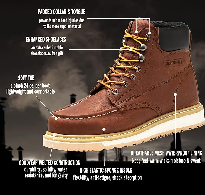 Work Boots for Men, 6" Soft Toe Wedge Sole Waterproof Safety Boots, Comfortable Construction Work Safety Shoes