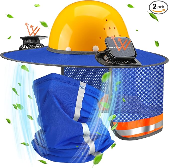 1 Set Sun Hard Hat Shade Full Brim Hard Hat Sun Visor with Solar Fans and Neck Sunshade Cover High Visibility Full Brim Mesh with Reflective Strip, Summer Protection Accessories(Blue)