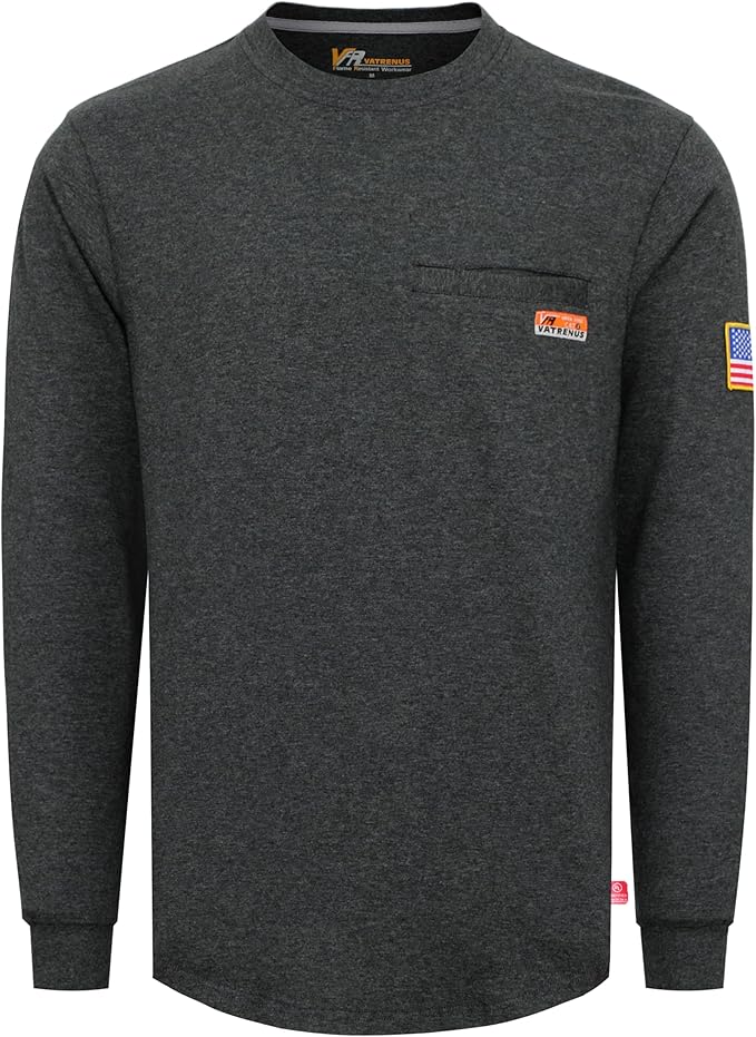 VATRENUS FR Shirt for Men Crewneck Midweight Utility Pocket Fire Resistant Long Sleeve Work Shirts NFPA2112 CAT2