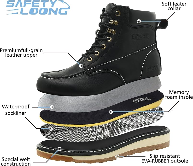 Moc Toe Work Boots for Men Waterproof Soft/Steel Toe Comfortable Full Grain Leather Non Slip Wedge Outsole Construction 6" Workboots