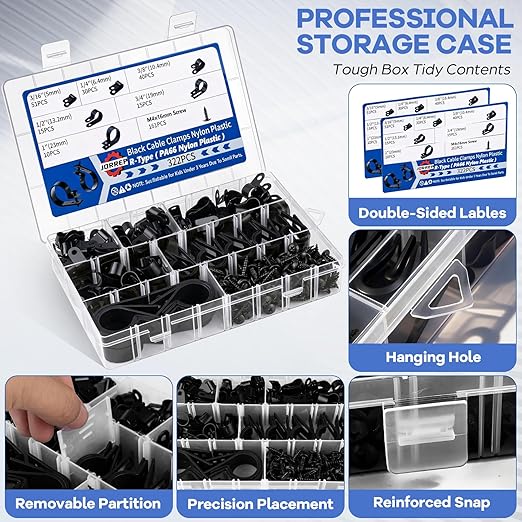 322PCS Black Cable Clips R-Type Nylon Wire Clips Assortment Kit 6 Sizes 3/16" 1/4" 3/8" 1/2" 3/4" 1" Cable Clamps with M4 Screws for Wire Managemen, Office, Garage