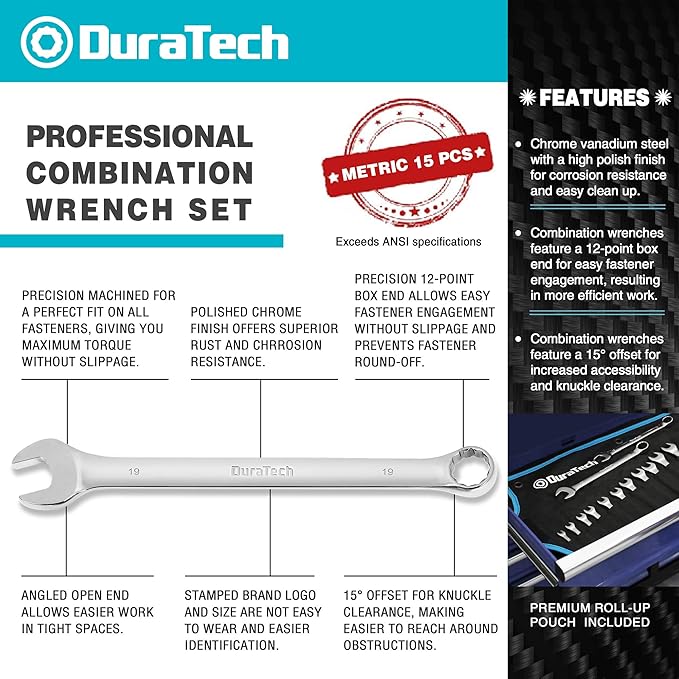 DURATECH Combination Wrench Set, Metric, 15-Piece, 8, 9, 10, 11, 12, 13, 14, 15, 16, 17, 18, 19, 20, 21, 22mm, 12-Point, CR-V Steel, with Rolling Pouch